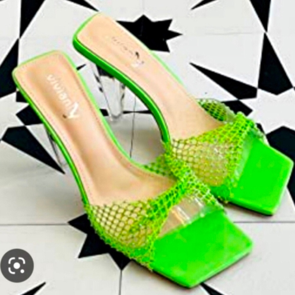 NIB-vivianly Womens Clear Heels Rhinestone Mesh Transparent Block Square Toes